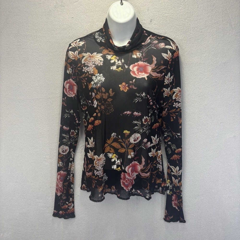 Dark Floral Sheer Mesh Turtleneck Top Shirt Juniors Large Black Thumbholes